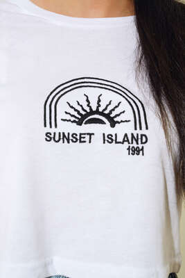 Sunset Island Crop Tshirt Beyaz - Crop