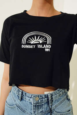 Sunset Island Crop Tshirt Siyah - Crop