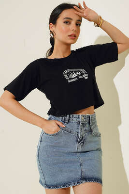 Sunset Island Crop Tshirt Siyah 