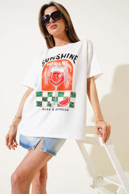 Sunshıne Moment Baskılı T-Shirt Beyaz - Kadın Giyim Modelleri