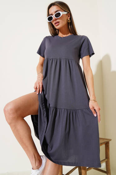 Süprem V Yaka Elbise Füme - Kadın Giyim Modelleri