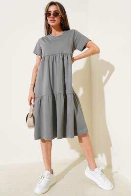 Süprem V Yaka Elbise Kayrak Grisi - Kadın Giyim Modelleri