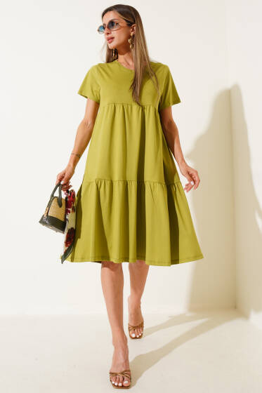 Süprem V Yaka Elbise Yağ Yeşili - Kadın Giyim Modelleri