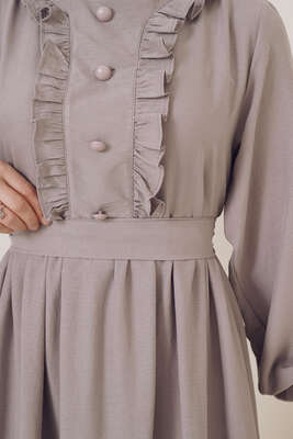 Süs Buton Düğmeli Fırfırlı Elbise Gri - Thumbnail