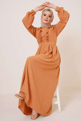 Süs Buton Düğmeli Fırfırlı Elbise Hardal - Thumbnail