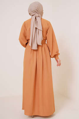 Süs Buton Düğmeli Fırfırlı Elbise Hardal - Thumbnail