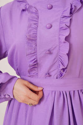 Süs Buton Düğmeli Fırfırlı Elbise Lila - Thumbnail
