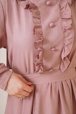 Süs Buton Düğmeli Fırfırlı Elbise Pudra - Thumbnail