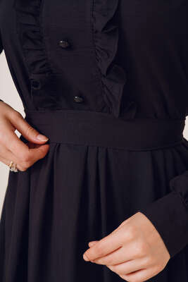 Süs Buton Düğmeli Fırfırlı Elbise Siyah - Thumbnail