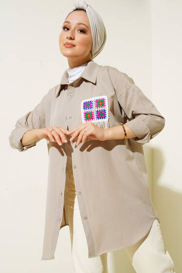Süs Örgü Cepli Oversize Gömlek Bej - Gömlek