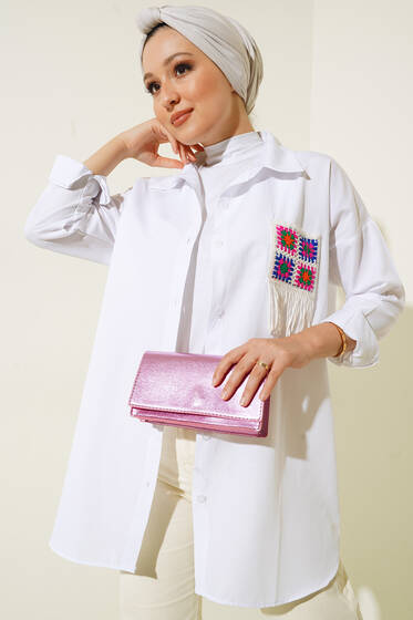 Süs Örgü Cepli Oversize Gömlek Beyaz - Gömlek