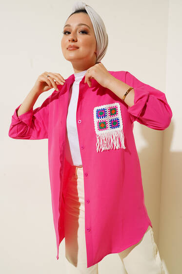 Süs Örgü Cepli Oversize Gömlek Fusya - Gömlek