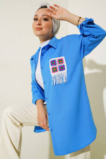 Süs Örgü Cepli Oversize Gömlek İndigo - Gömlek