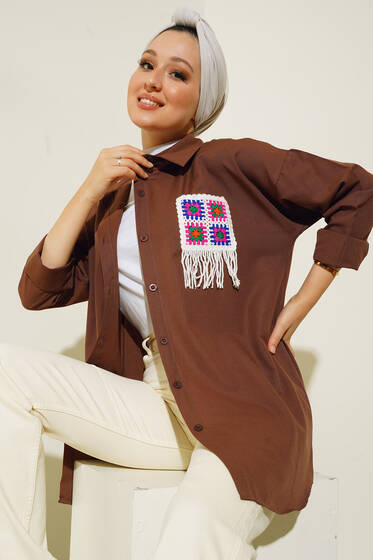Süs Örgü Cepli Oversize Gömlek Kahve - Gömlek