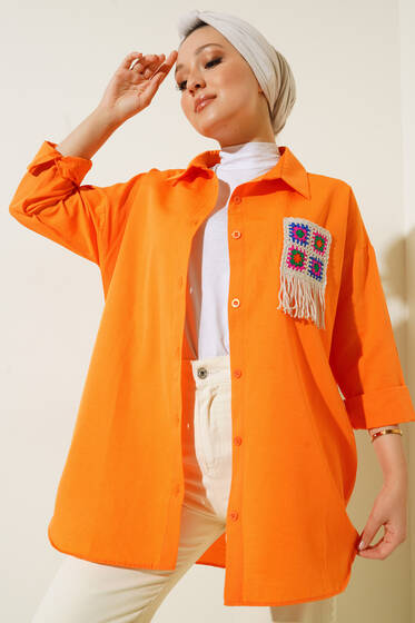 Süs Örgü Cepli Oversize Gömlek Oranj - Gömlek