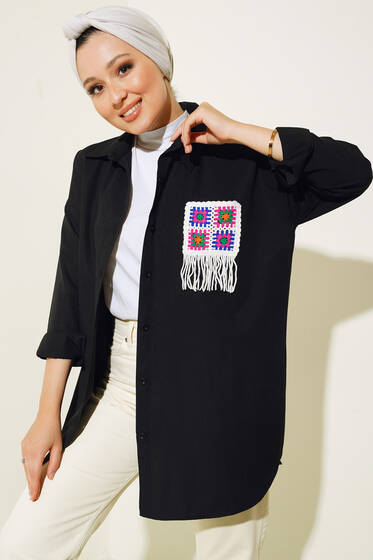 Süs Örgü Cepli Oversize Gömlek Siyah - Gömlek