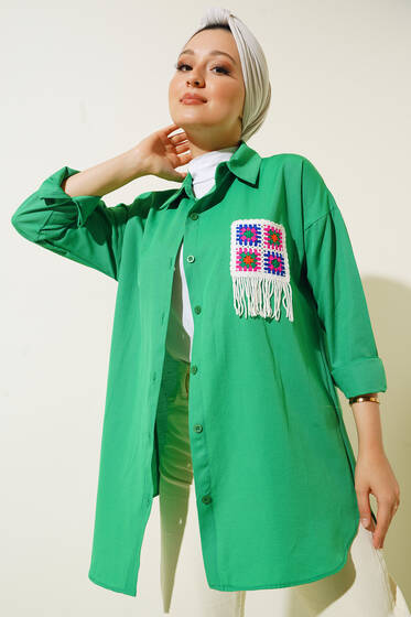 Süs Örgü Cepli Oversize Gömlek Yeşil - Gömlek