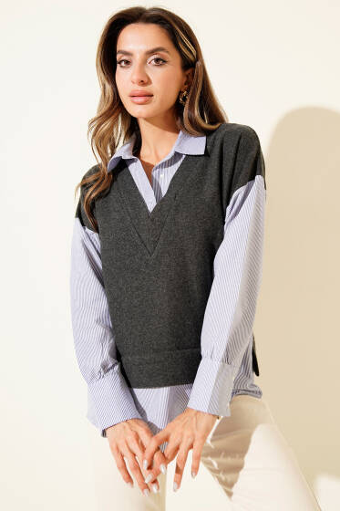 Süveter Garnili Gömlek Füme - Kadın Giyim Modelleri