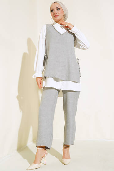 Süveter Taş Detaylı Üçlü Takım Gri - İkili Takım