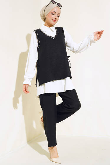 Süveter Taş Detaylı Üçlü Takım Siyah - İkili Takım