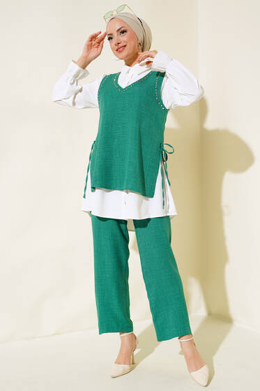 Süveter Taş Detaylı Üçlü Takım Yeşil - İkili Takım