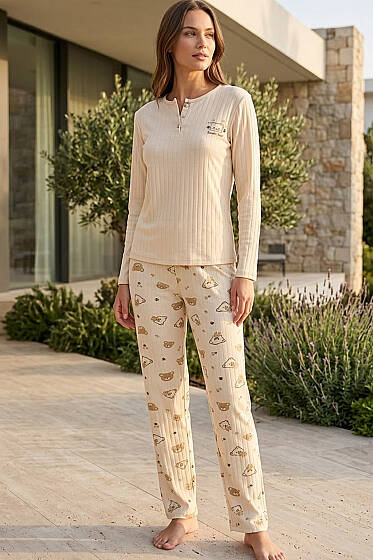 Sweat Bear Fitilli Kadın Pijama Takımı Bej - Pijama