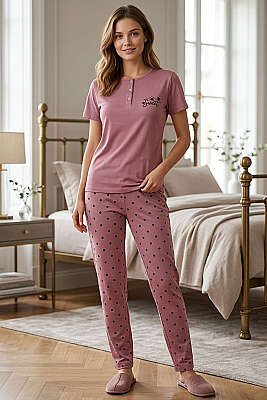 Sweet Baskılı Benekli Kısa Kol Pijama Takımı Gül Kurusu 