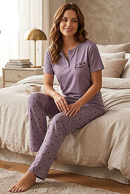 Sweet Baskılı Benekli Kısa Kol Pijama Takımı Lila 