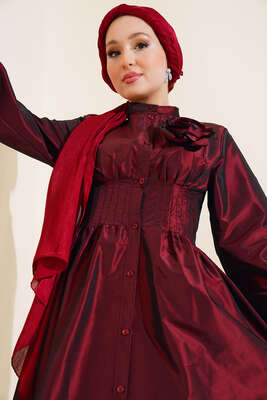 Tafta Gül Aksesuarlı Elbise Bordo - Tesettür Elbise