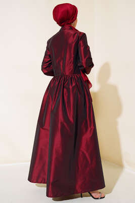 Tafta Gül Aksesuarlı Elbise Bordo - Tesettür Elbise