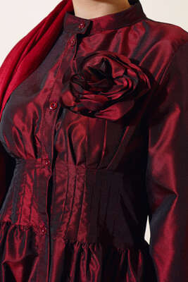 Tafta Gül Aksesuarlı Elbise Bordo - Tesettür Elbise