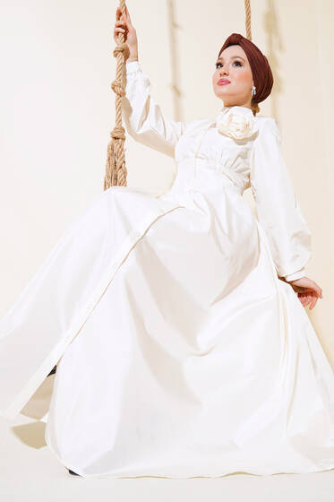 Tafta Gül Aksesuarlı Elbise Ekru - Elbise