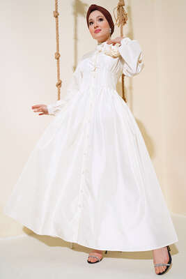 Tafta Gül Aksesuarlı Elbise Ekru - Tesettür Elbise