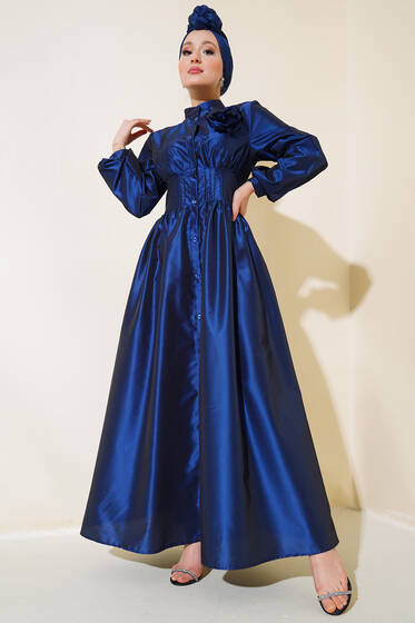 Tafta Gül Aksesuarlı Elbise Parlament - Elbise