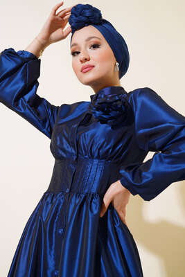 Tafta Gül Aksesuarlı Elbise Parlament - Tesettür Elbise