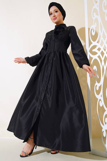 Tafta Gül Aksesuarlı Elbise Siyah - Elbise