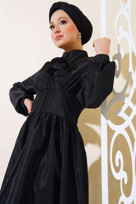 Tafta Gül Aksesuarlı Elbise Siyah - Thumbnail