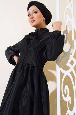 Tafta Gül Aksesuarlı Elbise Siyah - Tesettür Elbise
