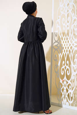 Tafta Gül Aksesuarlı Elbise Siyah - Tesettür Elbise