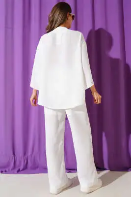 Tahta Boncuk Detaylı Kimono İkili Takım Beyaz - Kadın Giyim Modelleri