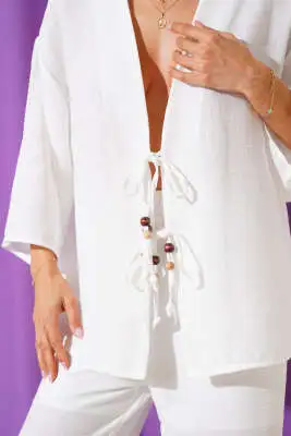 Tahta Boncuk Detaylı Kimono İkili Takım Beyaz - Kadın Giyim Modelleri