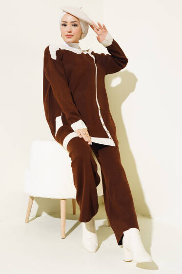 Tahta Düğme Detaylı Triko İkili Takım Kahve - İkili Takım