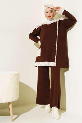 Tahta Düğme Detaylı Triko İkili Takım Kahve - Triko İkili Takım