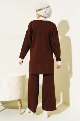 Tahta Düğme Detaylı Triko İkili Takım Kahve - Triko İkili Takım