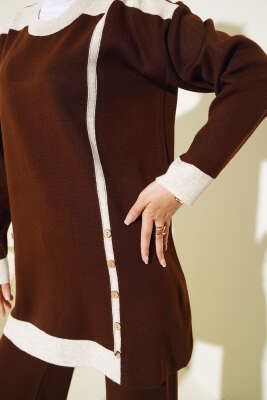 Tahta Düğme Detaylı Triko İkili Takım Kahve - Triko İkili Takım