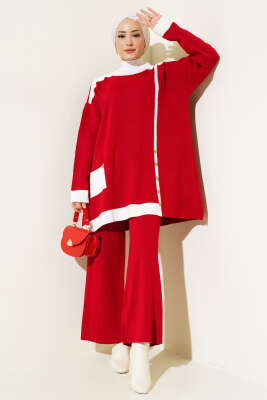 Tahta Düğme Detaylı Triko İkili Takım Kırmızı - DİLASU