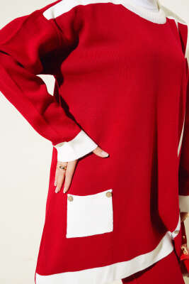 Tahta Düğme Detaylı Triko İkili Takım Kırmızı - Triko İkili Takım