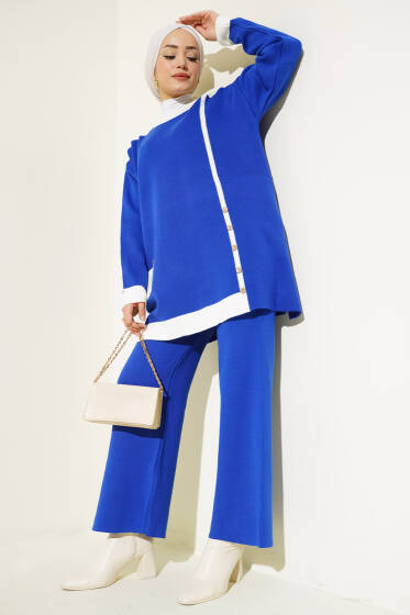 Tahta Düğme Detaylı Triko İkili Takım Saks - İkili Takım