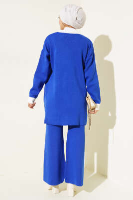 Tahta Düğme Detaylı Triko İkili Takım Saks - Triko İkili Takım