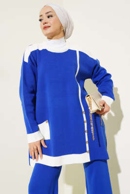 Tahta Düğme Detaylı Triko İkili Takım Saks - Triko İkili Takım